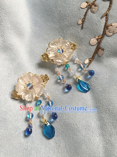 Asian Chinese Traditional Headdress Blue Crystal Hair Accessories Hairpins, China Ancient Handmade Bride Hanfu Tassel Step Shake Headwear for Women