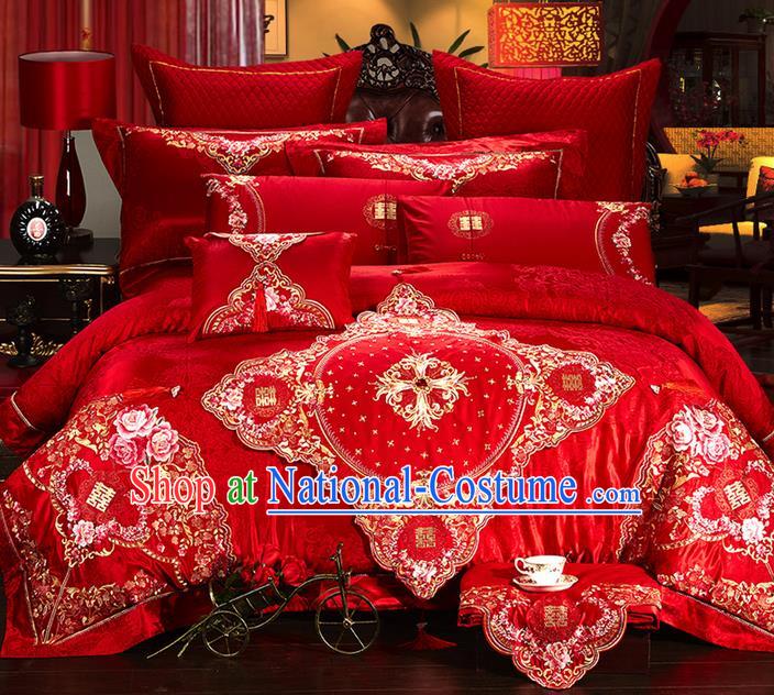 Traditional Asian Chinese Style Wedding Article Palace Lace Qulit Cover Bedding Sheet Complete Set, Embroidered Satin Drill Eleven-piece Duvet Cover Textile Bedding Suit