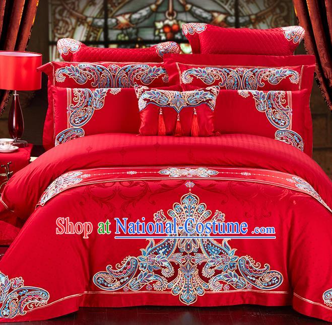 Traditional Asian Chinese Style Wedding Article Palace Lace Qulit Cover Bedding Sheet Bed Flag Complete Set, Embroidered Satin Drill Eleven-piece Duvet Cover Textile Bedding Suit