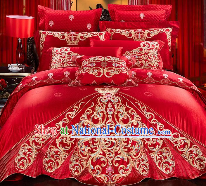 Traditional Asian Chinese Style Wedding Article Palace Lace Qulit Cover Bedding Sheet Complete Set, Embroidered Ombre Flowers Satin Drill Eleven-piece Duvet Cover Textile Bedding Suit