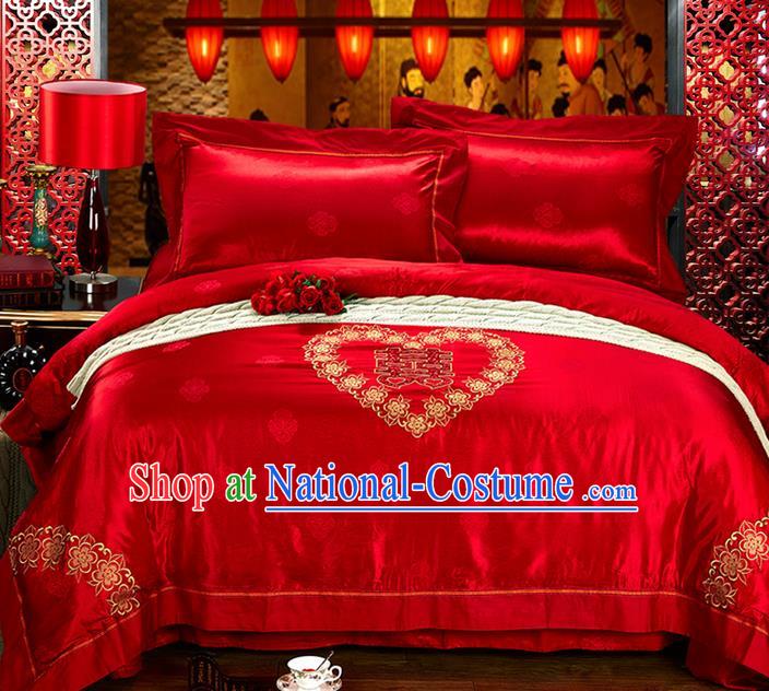 Traditional Asian Chinese Style Wedding Article Palace Lace Qulit Cover Bedding Sheet Complete Set, Embroidered Ombre Flowers Satin Drill Four-piece Duvet Cover Textile Bedding Suit