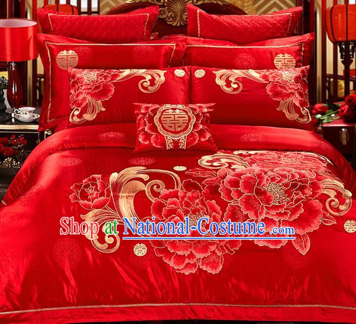 Traditional Asian Chinese Style Wedding Article Palace Lace Qulit Cover Bedding Sheet Complete Set, Embroidered Peony Flowers Satin Drill Ten-piece Duvet Cover Textile Bedding Suit