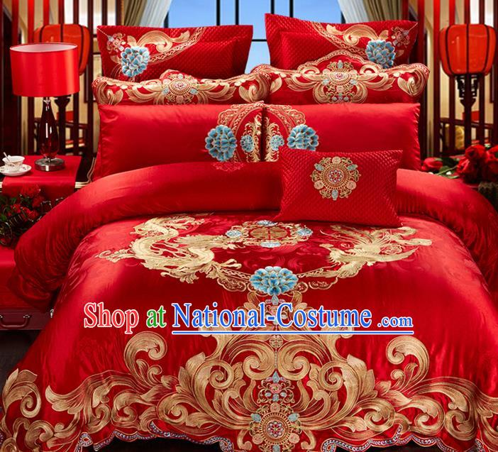 Traditional Asian Chinese Style Wedding Article Palace Lace Qulit Cover Bedding Sheet Complete Set, Embroidered Dragon and Phoenix Satin Drill Ten-piece Duvet Cover Textile Bedding Suit