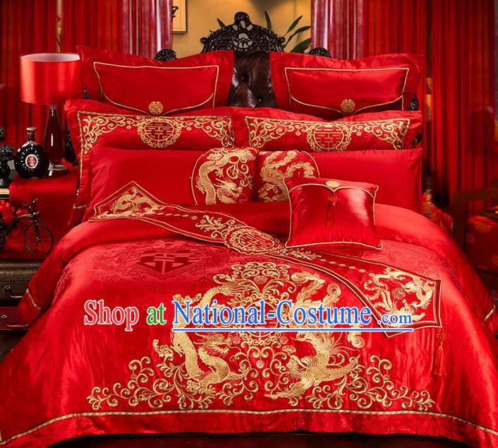 Traditional Asian Chinese Style Wedding Article Palace Lace Qulit Cover Bedding Sheet Complete Set, Embroidered Peony Satin Drill Eleven-piece Duvet Cover Textile Bedding Suit