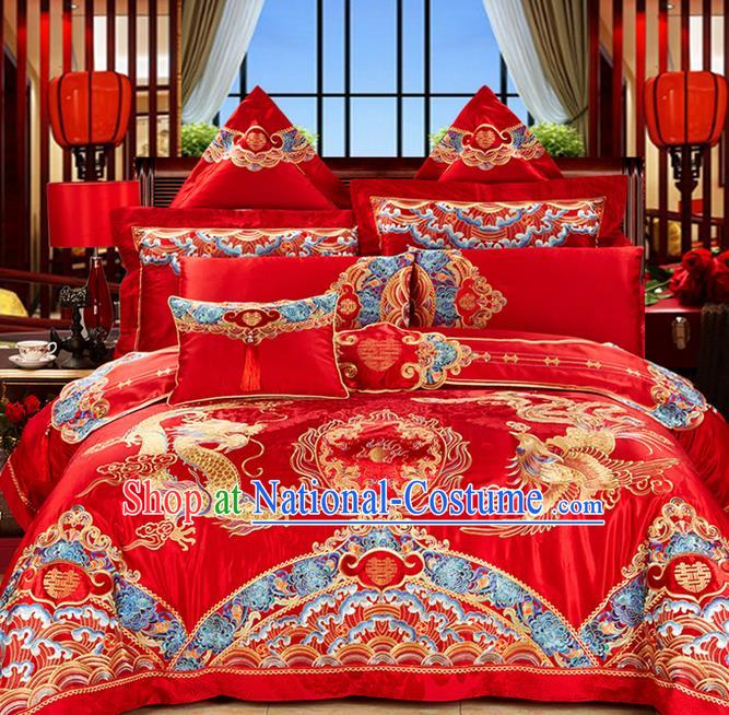 Traditional Asian Chinese Style Wedding Article Palace Lace Qulit Cover Bedding Sheet Complete Set, Embroidered Dragon and Phoenix Satin Drill Eleven-piece Duvet Cover Textile Bedding Suit