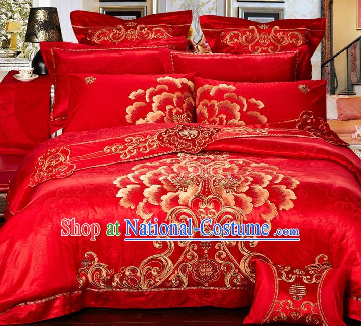 Traditional Asian Chinese Style Wedding Article Palace Lace Qulit Cover Bedding Sheet Complete Set, Embroidered Peony Satin Drill Eleven-piece Duvet Cover Textile Bedding Suit