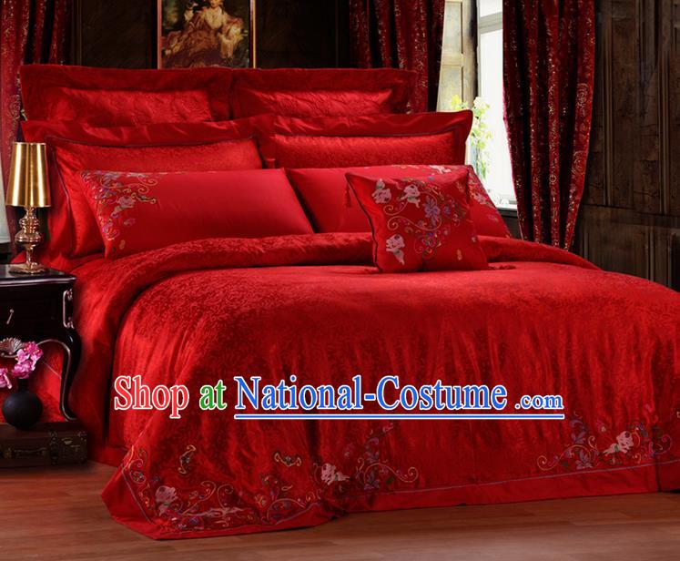 Traditional Asian Chinese Style Wedding Article Palace Lace Qulit Cover Bedding Sheet Complete Set, Embroidered Hundred Sons Satin Drill Eleven-piece Duvet Cover Textile Bedding Suit