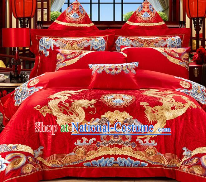 Traditional Asian Chinese Style Wedding Article Palace Lace Qulit Cover Bedding Sheet Complete Set, Embroidered Golden Dragon and Phoenix Satin Drill Eleven-piece Duvet Cover Textile Bedding Suit