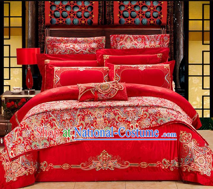 Traditional Asian Chinese Wedding Palace Qulit Cover Bedding Sheet Complete Set, Embroidered Flowers Satin Drill Ten-piece Duvet Cover Textile Bedding Suit