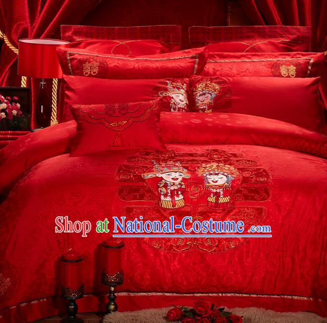 Traditional Asian Chinese Wedding Palace Qulit Cover Bedding Sheet Ten-piece Suit, Embroidered Beijing Opera Bride Satin Drill Duvet Cover Textile Bedding Complete Set