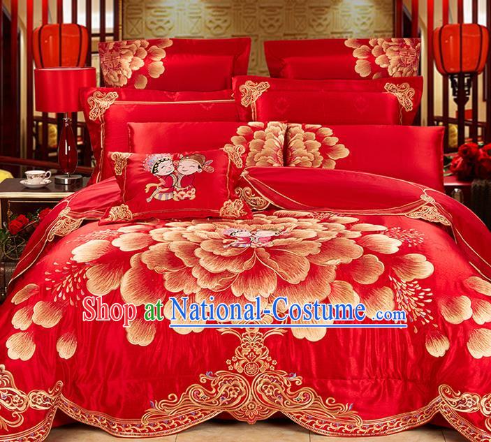 Traditional Asian Chinese Wedding Palace Qulit Cover Bedding Sheet Ten-piece Suit, Embroidered Peony Satin Drill Duvet Cover Textile Bedding Complete Set