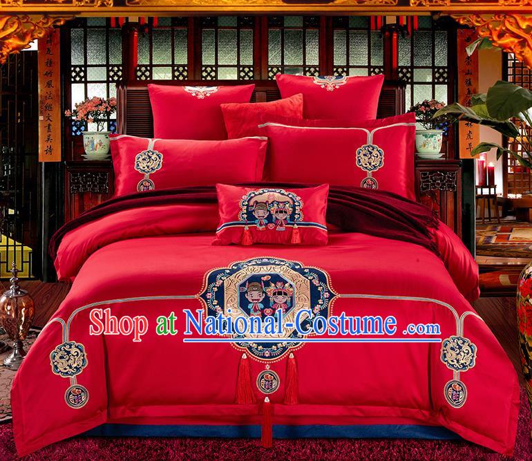 Traditional Asian Chinese Wedding Palace Qulit Cover Bedding Sheet Lace Seven-piece Suit, Embroidered Peking Opera Satin Drill Duvet Cover Textile Bedding Complete Set