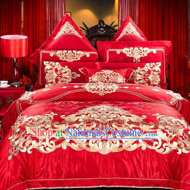 Traditional Asian Chinese Wedding Palace Qulit Cover Bedding Sheet Eleven-piece Suit, Embroidered Flowers Satin Drill Duvet Cover Textile Bedding Complete Set