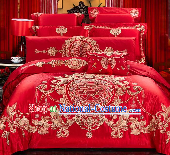 Traditional Asian Chinese Wedding Palace Qulit Cover Bedding Sheet Ten-piece Suit, Embroidered Double Happiness Satin Drill Duvet Cover Textile Bedding Complete Set