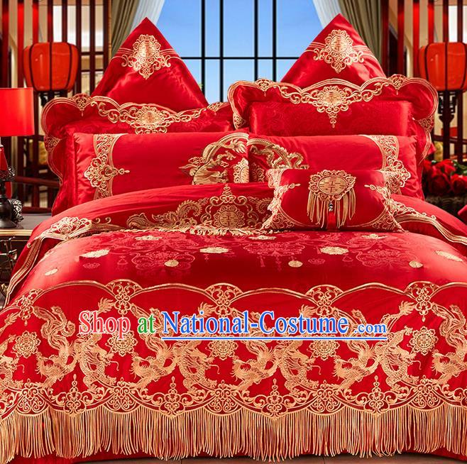 Traditional Asian Chinese Wedding Palace Qulit Cover Bedding Sheet Ten-piece Suit, Embroidered Dragon and Phoenix Satin Drill Duvet Cover Textile Bedding Complete Set