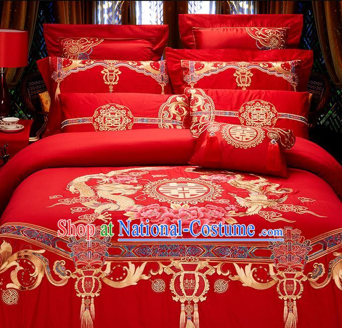 Traditional Asian Chinese Wedding Palace Qulit Cover Bedding Sheet Ten-piece Suit, Embroidered Peony Dragon and Phoenix Satin Drill Duvet Cover Textile Bedding Complete Set