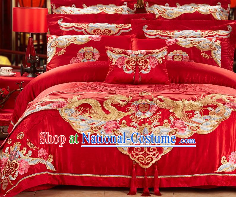 Traditional Asian Chinese Wedding Palace Qulit Cover Bedding Sheet Eleven-piece Suit, Embroidered Peony Dragon and Phoenix Satin Drill Duvet Cover Textile Bedding Complete Set