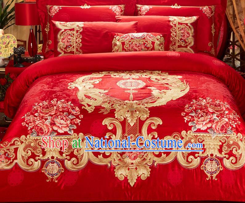 Traditional Asian Chinese Wedding Palace Qulit Cover Bedding Sheet Ten-piece Suit, Embroidered Peony Dragon and Phoenix Satin Drill Duvet Cover Textile Bedding Complete Set