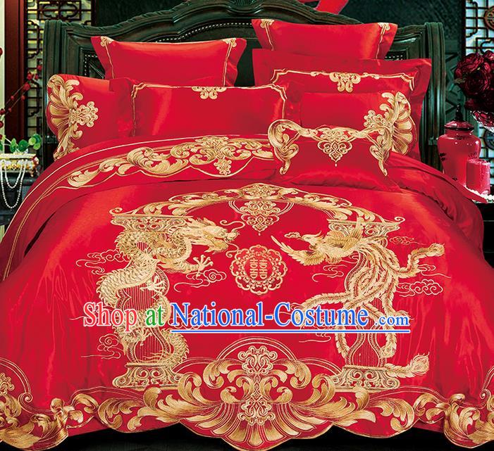 Traditional Asian Chinese Wedding Palace Qulit Cover Bedding Sheet Ten-piece Suit, Embroidered Peony Dragon and Phoenix Satin Drill Duvet Cover Textile Bedding Complete Set