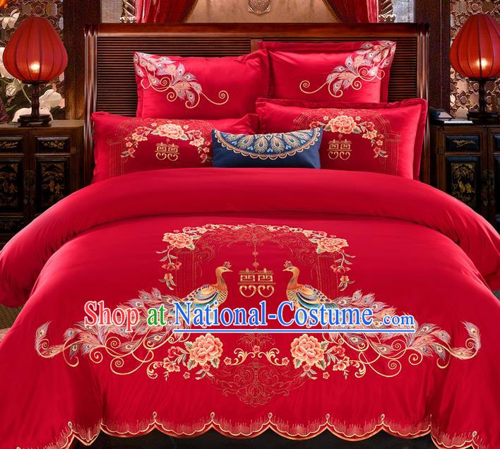 Traditional Asian Chinese Wedding Palace Qulit Cover Bedding Sheet Seven-piece Suit, Embroidered Phoenix Peony Cotton Duvet Cover Textile Bedding Complete Set