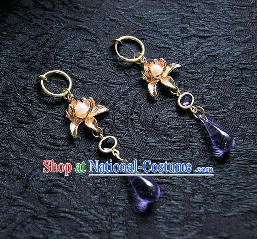 Top Grade Handmade Traditional China Accessories Earrings, Ancient Chinese Hanfu Purple Crystal Eardrop for Women