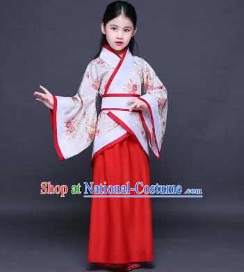 Traditional Ancient Chinese Imperial Princess Costume, Children Elegant Hanfu Clothing Chinese Han Dynasty Red Curve Bottom Dress Clothing for Kids