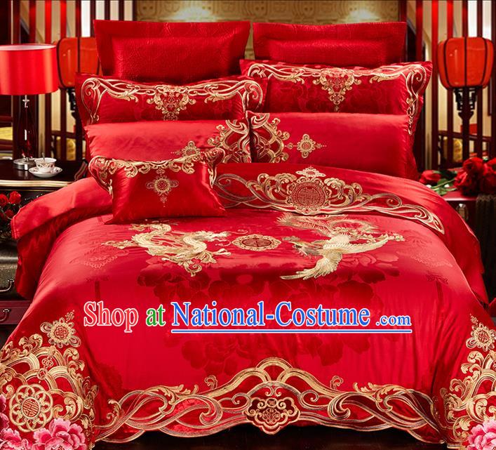 Traditional Asian Chinese Wedding Palace Qulit Cover Bedding Sheet Ten-piece Suit, Embroidered Dragon and Phoenix Satin Drill Duvet Cover Textile Bedding Complete Set