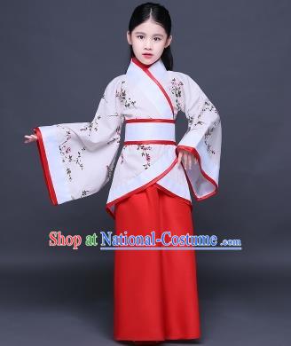 Traditional Ancient Chinese Imperial Princess Printing Costume, Children Elegant Hanfu Clothing Chinese Han Dynasty Red Curve Bottom Dress Clothing for Kids