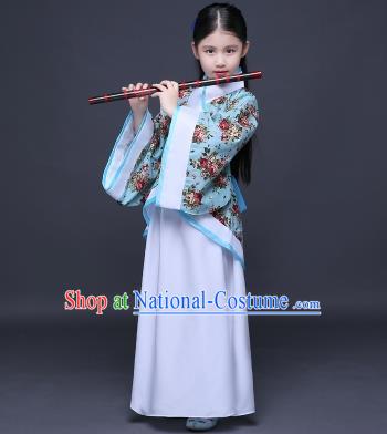 Traditional Ancient Chinese Imperial Princess Printing Costume, Children Elegant Hanfu Clothing Chinese Han Dynasty Blue Curve Bottom Dress Clothing for Kids