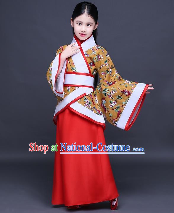 Traditional Ancient Chinese Imperial Princess Embroidery Costume, Children Elegant Hanfu Clothing Chinese Han Dynasty Golden Curve Bottom Dress Clothing for Kids