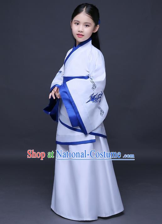 Traditional Ancient Chinese Imperial Princess Printing Phoenix Costume, Children Elegant Hanfu Clothing Chinese Han Dynasty White Curve Bottom Dress Clothing for Kids