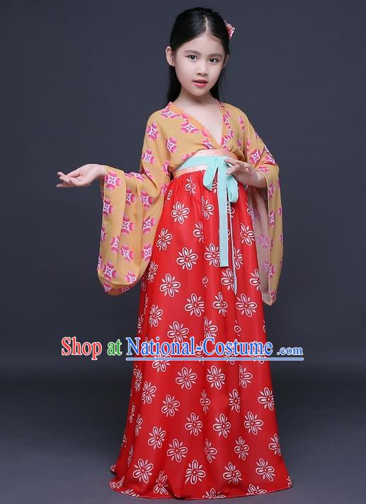 Traditional Ancient Chinese Imperial Princess Fairy Printing Phoenix Costume, Children Elegant Hanfu Clothing Chinese Tang Dynasty Red Ruqun Dress Clothing for Kids