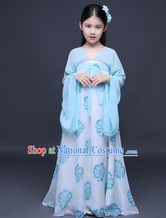 Traditional Ancient Chinese Imperial Princess Fairy Printing Phoenix Costume, Children Elegant Hanfu Clothing Chinese Tang Dynasty Blue Ruqun Dress Clothing for Kids