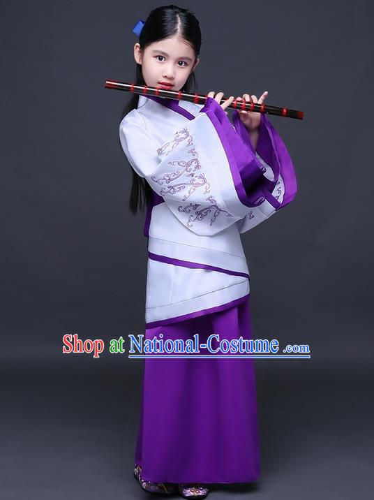 Traditional Ancient Chinese Imperial Princess Fairy Printing Costume, Children Elegant Hanfu Clothing Han Dynasty Purple Curve Bottom Dress Clothing for Kids