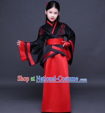 Traditional Ancient Chinese Imperial Princess Fairy Embroidery Costume, Children Elegant Hanfu Clothing Han Dynasty Black Curve Bottom Dress Clothing for Kids