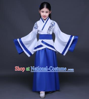 Traditional Ancient Chinese Imperial Princess Fairy Embroidery Costume, Children Elegant Hanfu Clothing Han Dynasty Royalblue Curve Bottom Dress Clothing for Kids