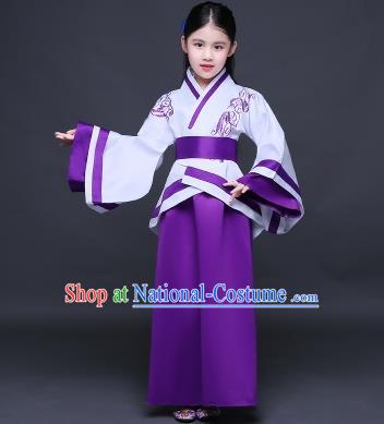 Traditional Ancient Chinese Imperial Princess Fairy Embroidery Costume, Children Elegant Hanfu Clothing Han Dynasty Purple Curve Bottom Dress Clothing for Kids