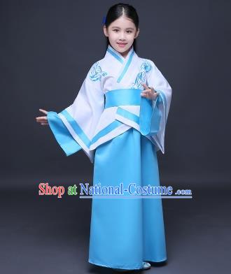 Traditional Ancient Chinese Imperial Princess Fairy Embroidery Costume, Children Elegant Hanfu Clothing Han Dynasty Blue Curve Bottom Dress Clothing for Kids