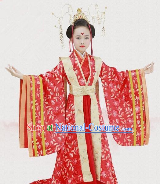 Traditional Ancient Chinese Imperial Consort Fairy Embroidery Wedding Costume, Children Elegant Hanfu Clothing Tang Dynasty Queen Red Dress Clothing for Kids