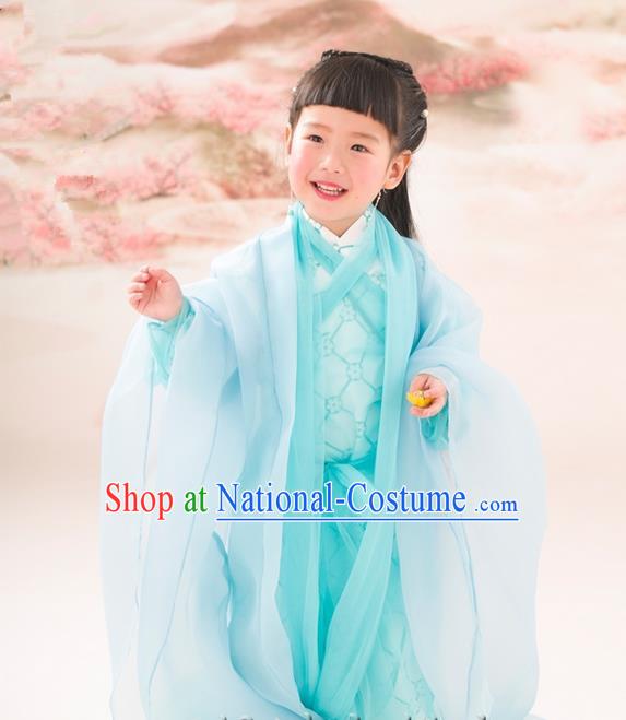 Traditional Ancient Chinese Apsara Girls Embroidery Wedding Costume, Children Elegant Hanfu Clothing Tang Dynasty Princess Fairy Green Dress Clothing for Kids