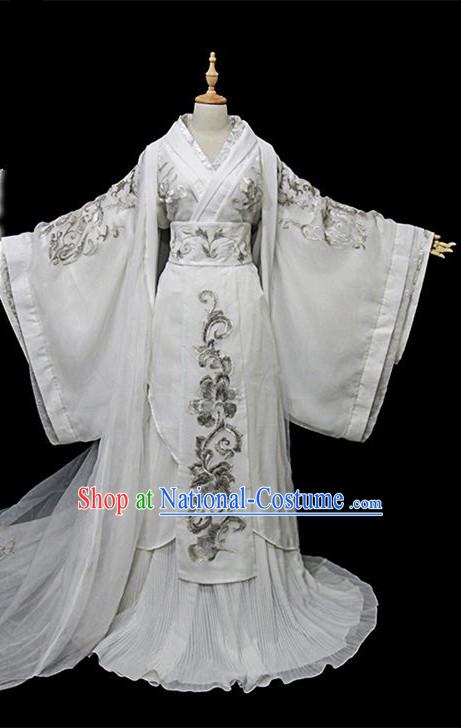 Traditional Ancient Chinese Female Embroidered Costume, Chinese Han Dynasty Imperial Fairy White Dress Hanfu Clothing for Women