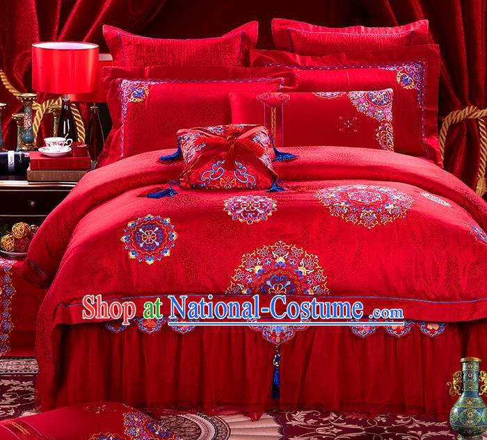 Traditional Asian Chinese Style Wedding Article Embroidery Satin Drill Bedding Sheet Complete Set, Duvet Cover Red Textile Bedding Suit