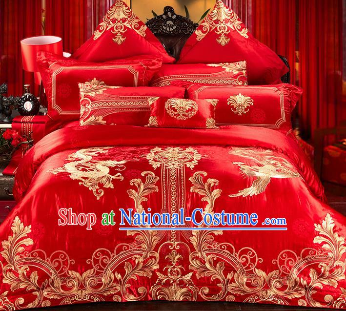 Traditional Asian Chinese Style Wedding Article Embroidery Dragon and Phoenix Satin Drill Bedding Sheet Complete Set, Duvet Cover Red Textile Bedding Suit