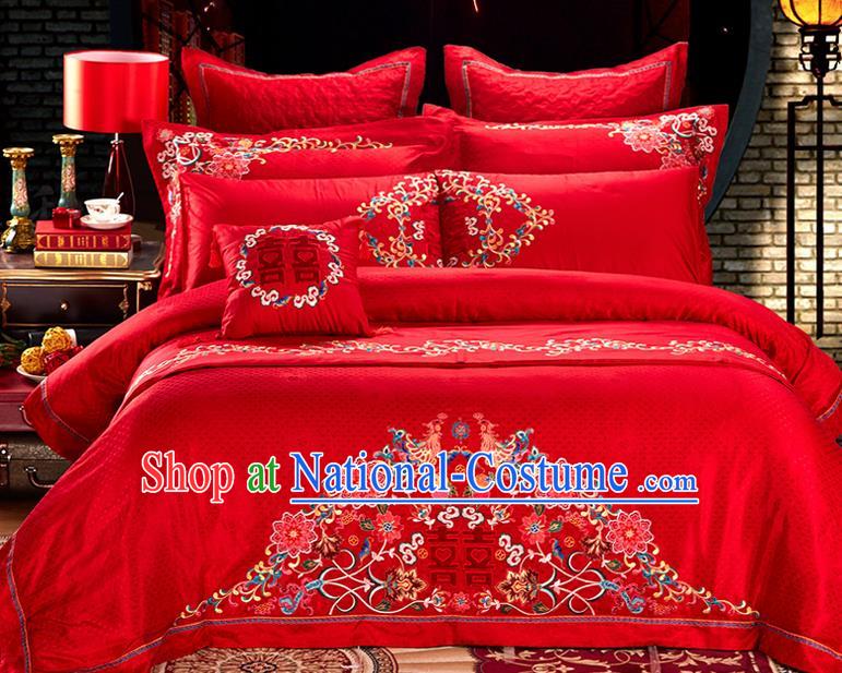 Traditional Asian Chinese Style Wedding Article Embroidery Happy Character Satin Drill Bedding Sheet Complete Set, Duvet Cover Phoenix Red Lace Textile Bedding Six-piece Suit