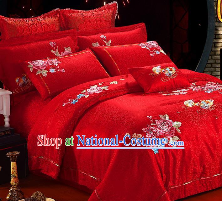 Traditional Asian Chinese Style Wedding Article Embroidery Peony Satin Drill Bedding Sheet Complete Set, Duvet Cover Mandarin Duck Red Lace Textile Bedding Ten-piece Suit