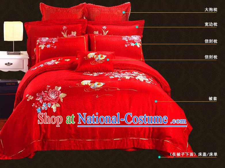 Traditional Chinese Style Wedding Bedding Article Embroidery Dragon and Phoenix Sheet and Duvet Cover Red Textile Bedding Suit