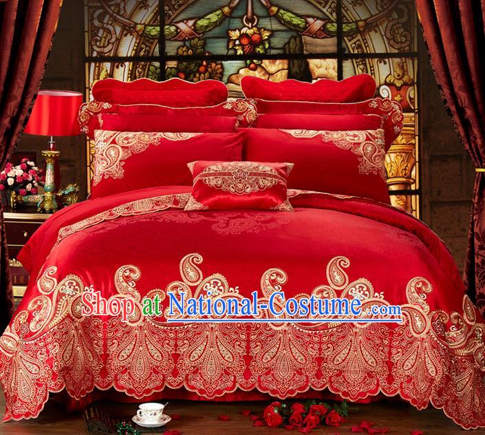 Traditional Asian Chinese Style Wedding Article Embroidery Bedding Sheet Complete Set, Duvet Cover Red Satin Drill Textile Bedding Ten-piece Suit