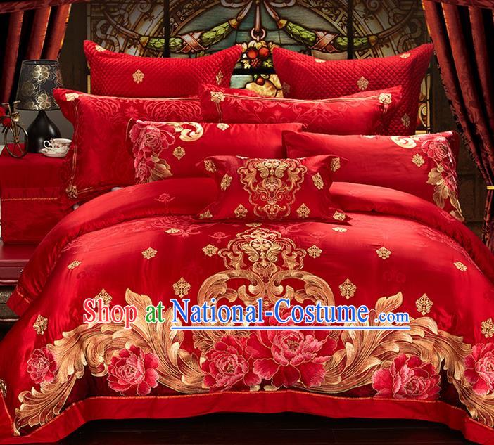 Traditional Asian Chinese Style Wedding Article Embroidery Peony Bedding Sheet Complete Set, Duvet Cover Red Satin Drill Textile Bedding Ten-piece Suit