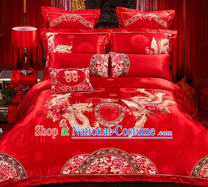 Traditional Asian Chinese Style Wedding Article Embroidery Dragon and Phoenix Bedding Sheet Complete Set, Peony Duvet Cover Red Satin Drill Textile Bedding Ten-piece Suit