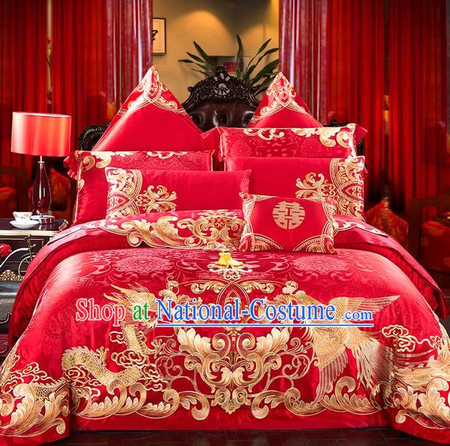 Traditional Asian Chinese Style Wedding Article Embroidery Dragon and Phoenix Bedding Sheet Complete Set, Peony Duvet Cover Red Satin Drill Textile Bedding Ten-piece Suit